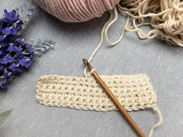 A crocheted piece of yarn and a crochet hook.