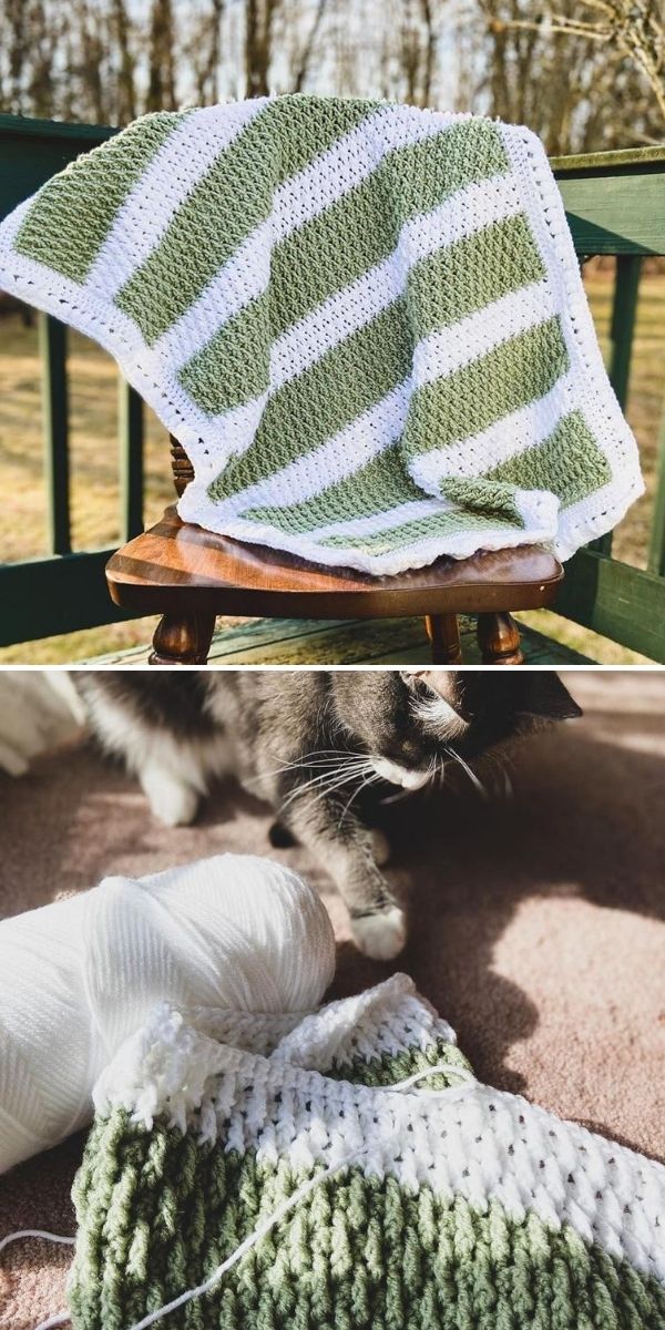 striped green and white crochet blanket