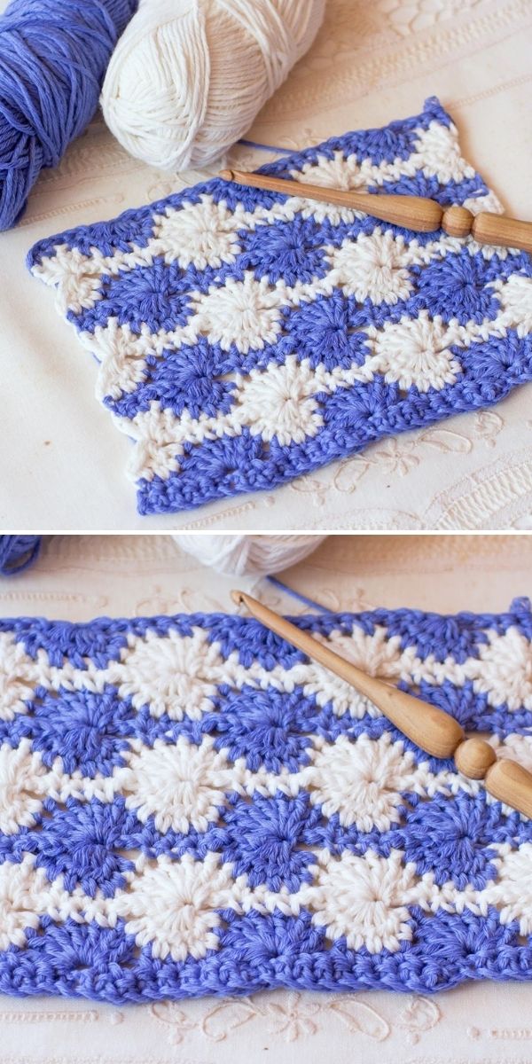 white and blue crochet stitch swatch