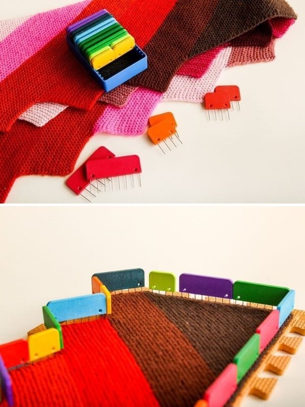 colorful knit blockers pinned into the knitwear