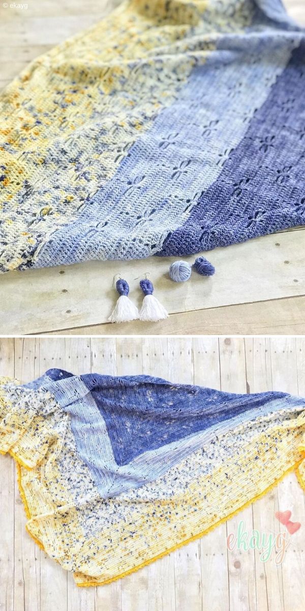blue and yellow crochet shawl