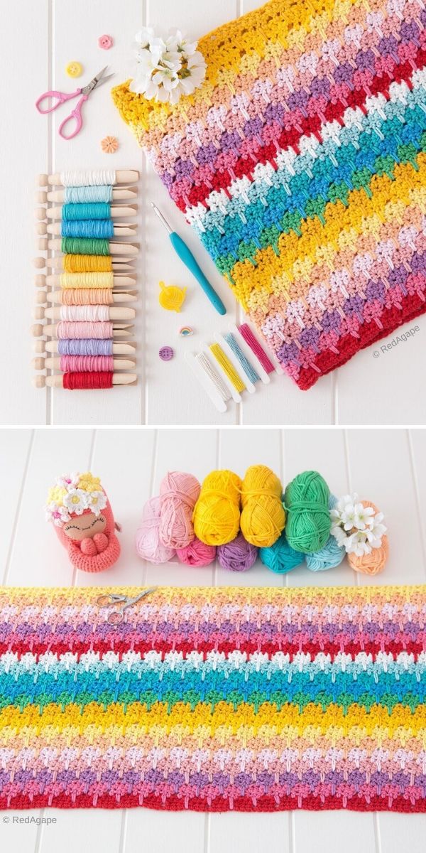 rainbow crochet blanket in larksfoot stitch