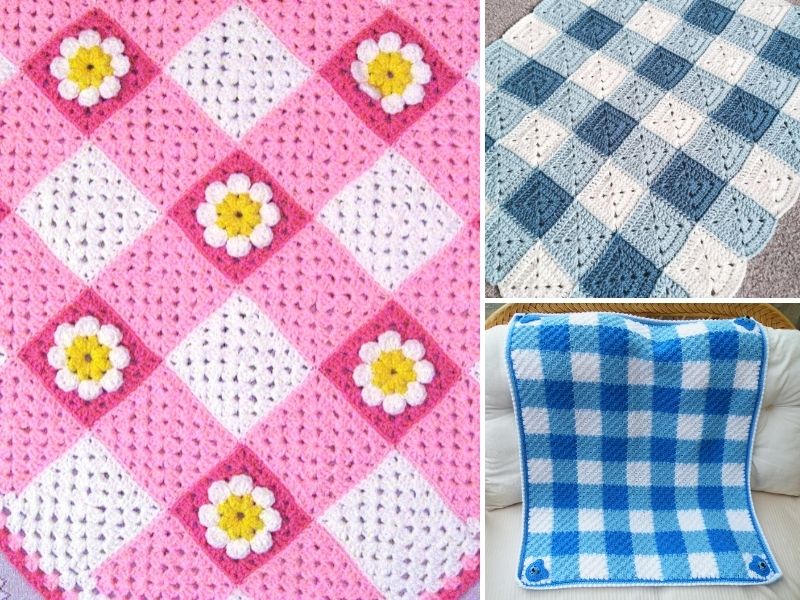 A collage of different crochet blankets.