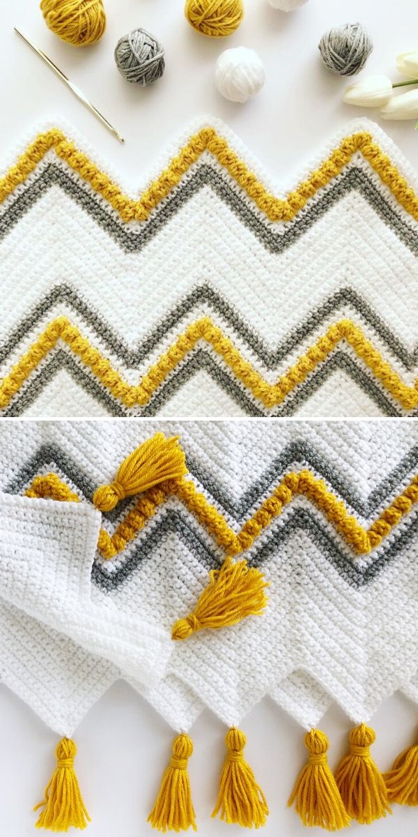 white, yellow and grey chevron blanket
