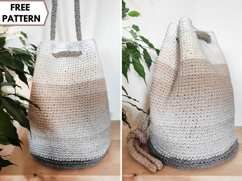Two pictures of a crocheted bag with a tassel.