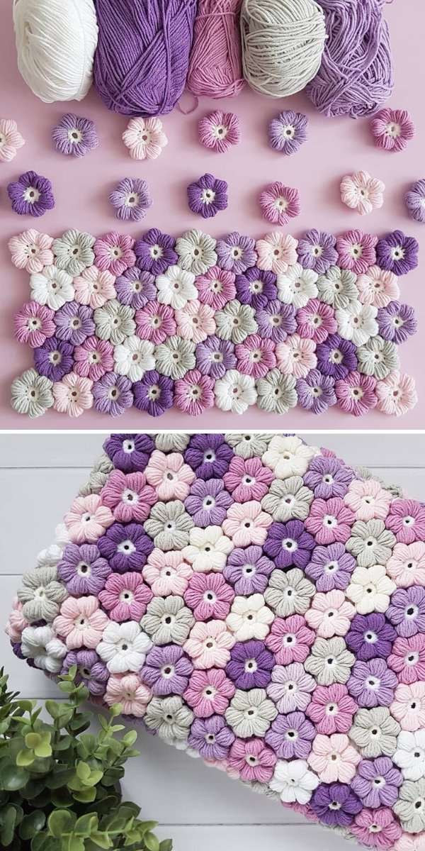 Puff Stitch Flowers in Violet and Pink