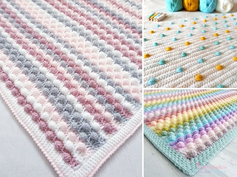 Crocheted afghans and blankets in different colors.