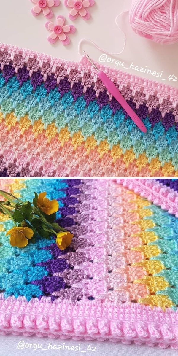 pastel colors blanket with flowers and crochet hook