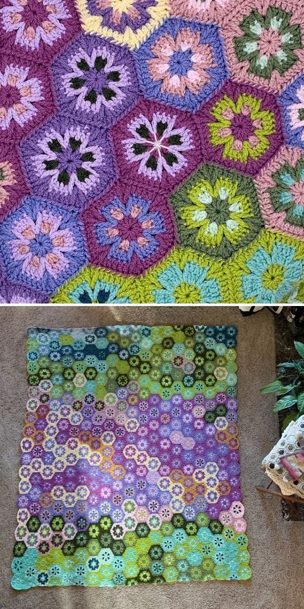 violet and green crochet hexagons