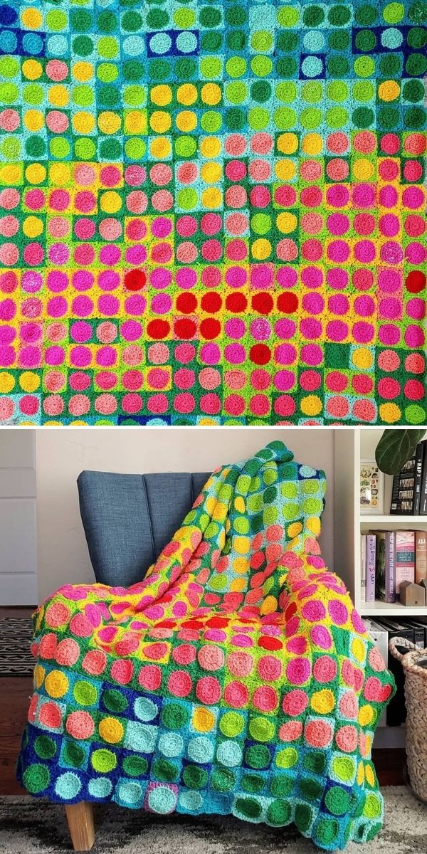 colorful crochet blanket with dots