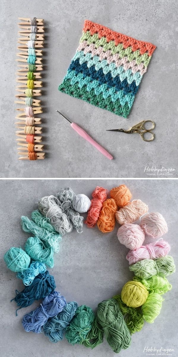 colorful yarn and crochet swatch on grey background