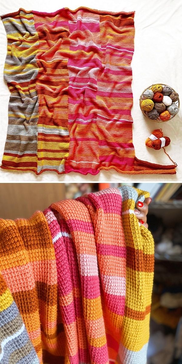 tunisian crochet blanket in vibrant pink colors