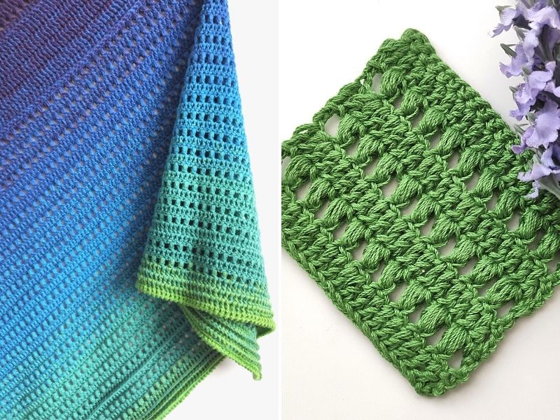 A green and blue crochet blanket.