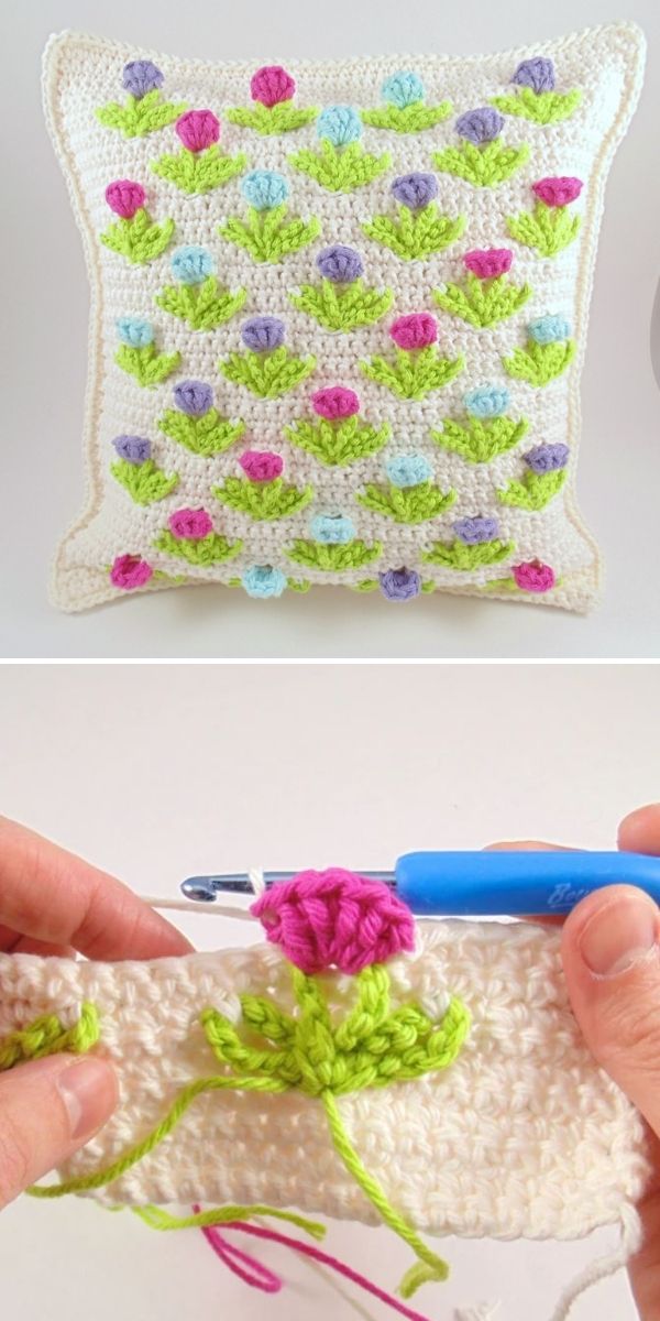 white pillow with colorful structural flowers