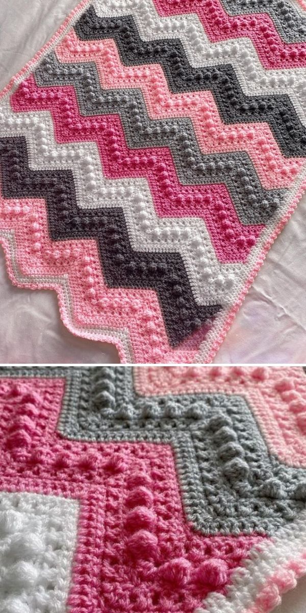 zig-zag crochet blanket in pinks and greys