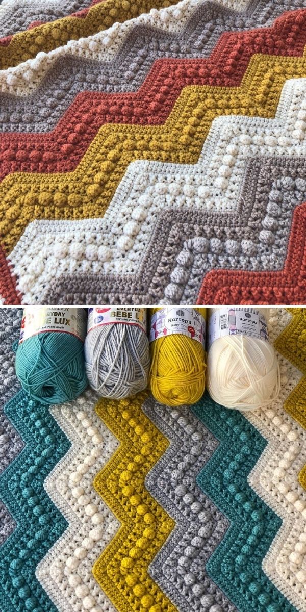 zig-zag blanket in contrasting colors and yarn