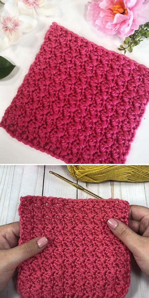 red crochet swatch and hands