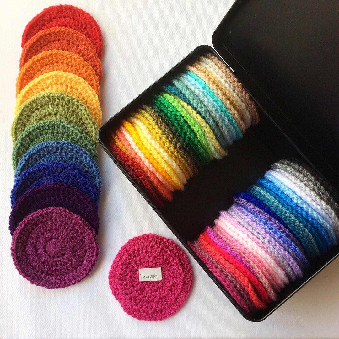 yarn swatches in crocheted circles