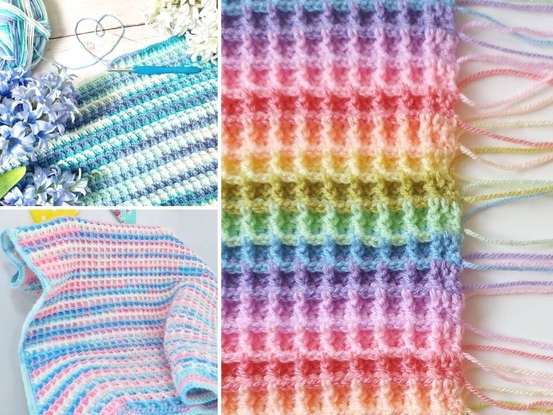 A collage of pictures of crocheted shawls and yarn.