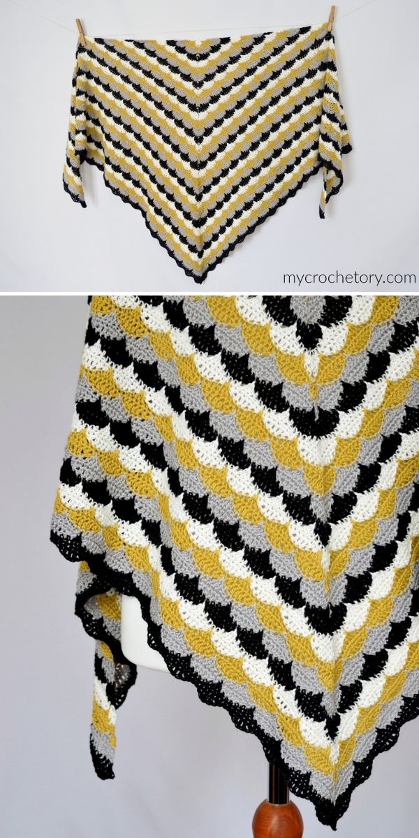 yellow and navy crochet shawl with shell stitch