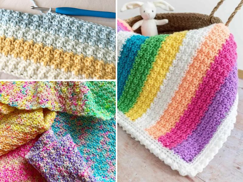 Crocheted afghans and blankets in rainbow colors.