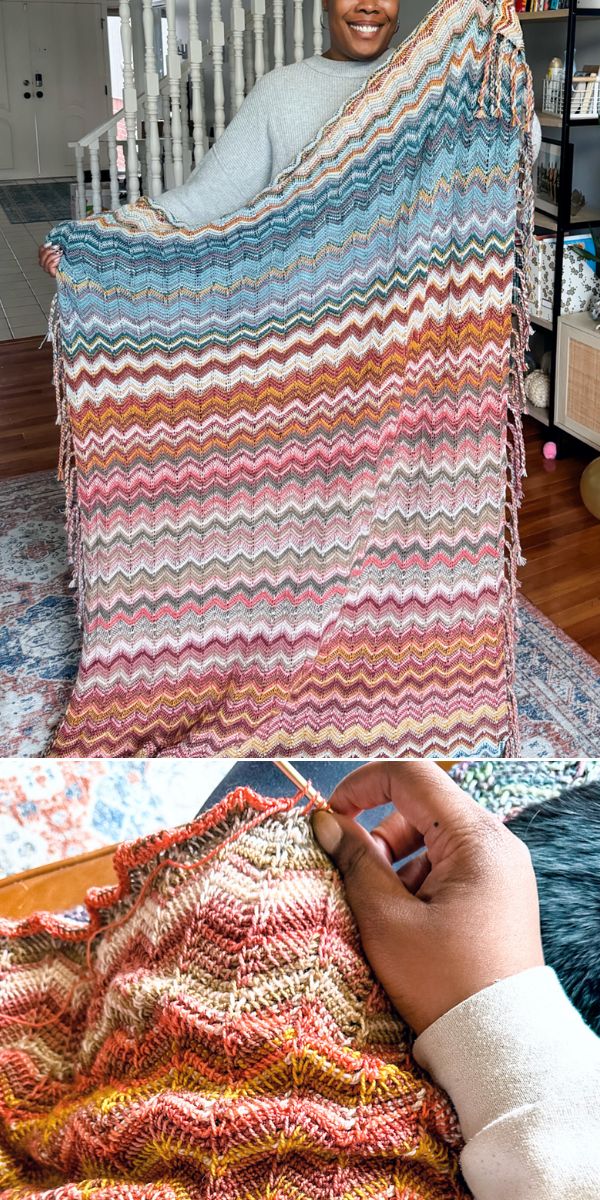 Two pictures of a woman holding a crocheted afghan.