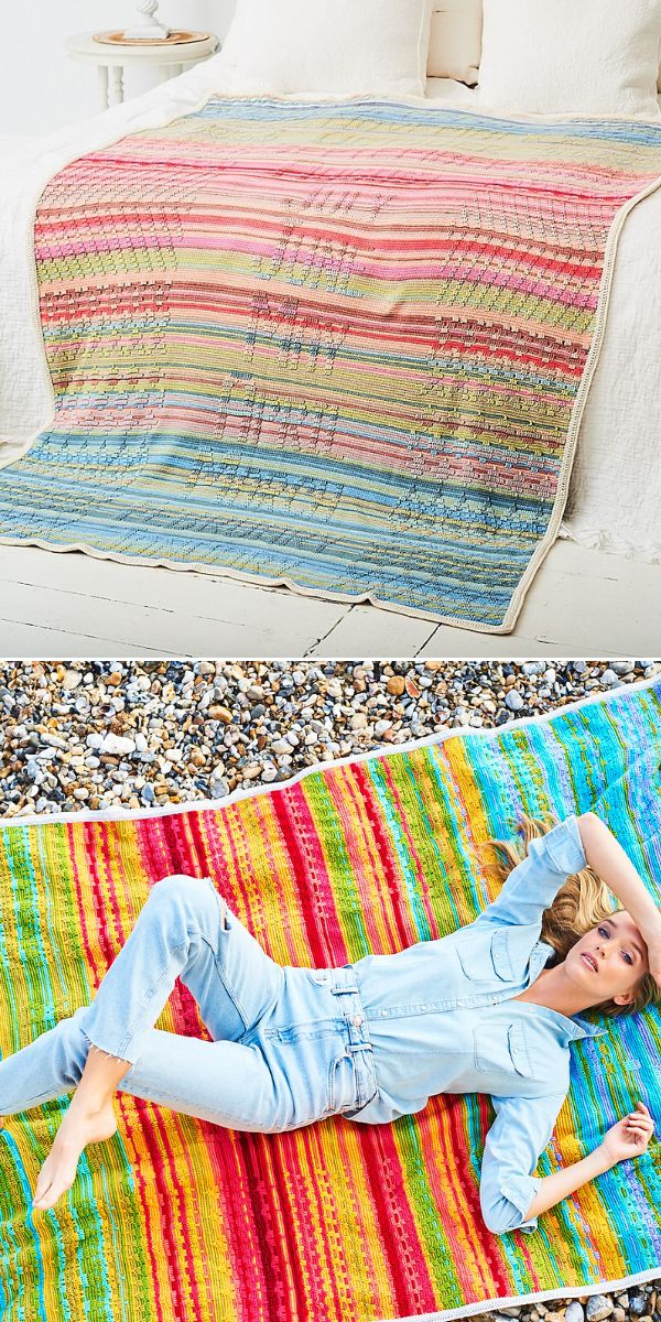 Two pictures of a woman laying on a colorful blanket.
