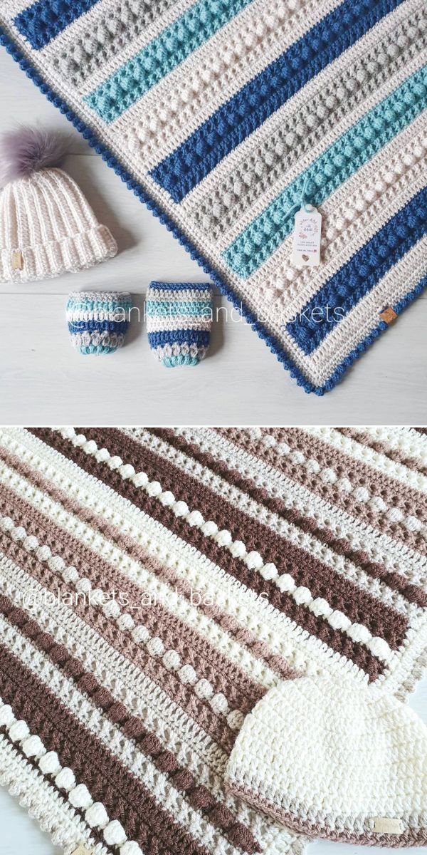 A crocheted baby blanket, hat and mittens.