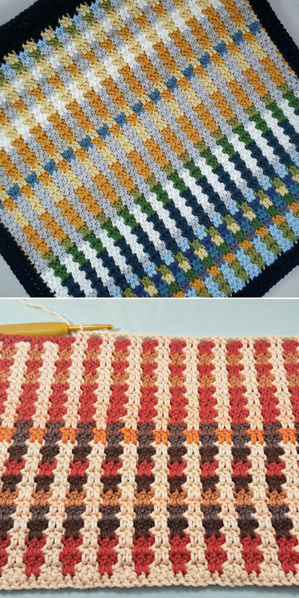 Two pictures of crocheted afghans with different colors.