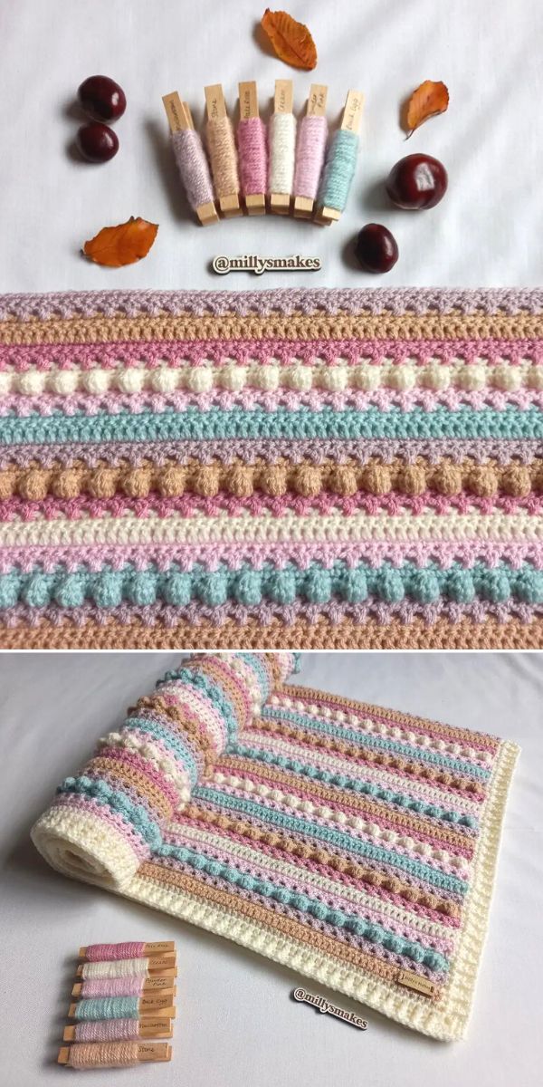 A crocheted afghan with different colors of yarn.