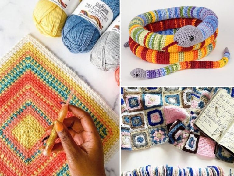 A collage of crocheted items, including a crocheted snake and a crocheted blanket.