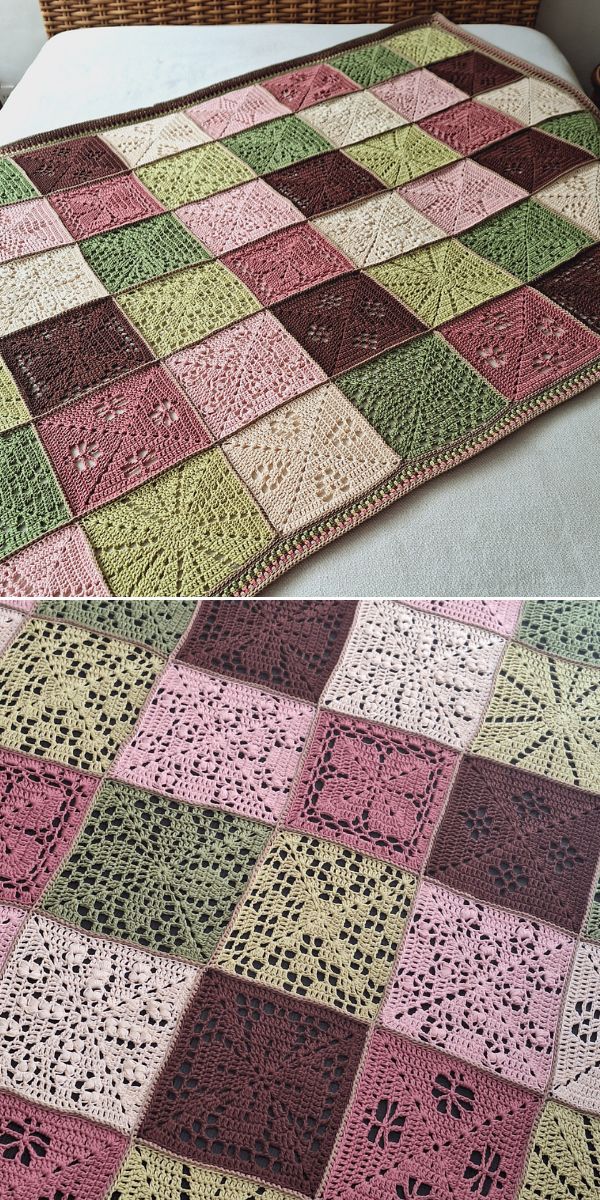 Two pictures of a crocheted filet crochet square blanket on a bed.