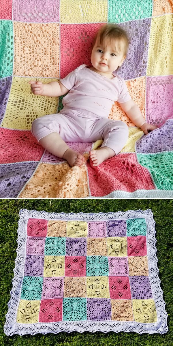 A baby is laying next to a colorful crocheted Nature's Walk blanket.