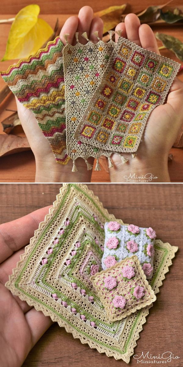  hands holding micro crochet blankets and pillows