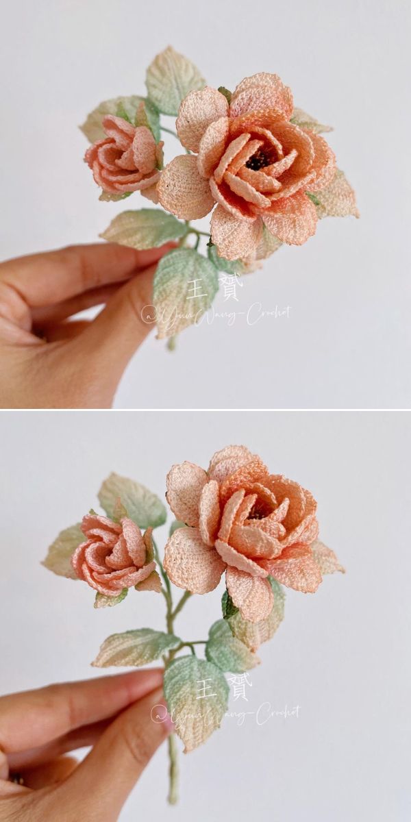  a hand holding detailed micro crochet rose in pastel colors