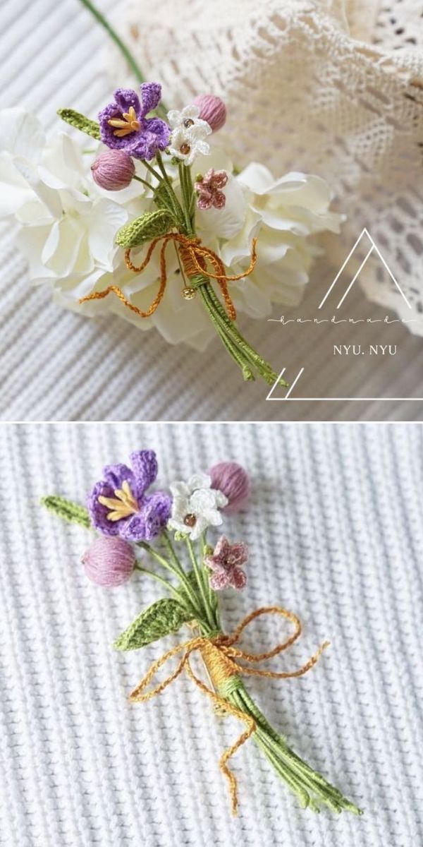 a brooch with micro crochet bouquet of pink and purple flowers