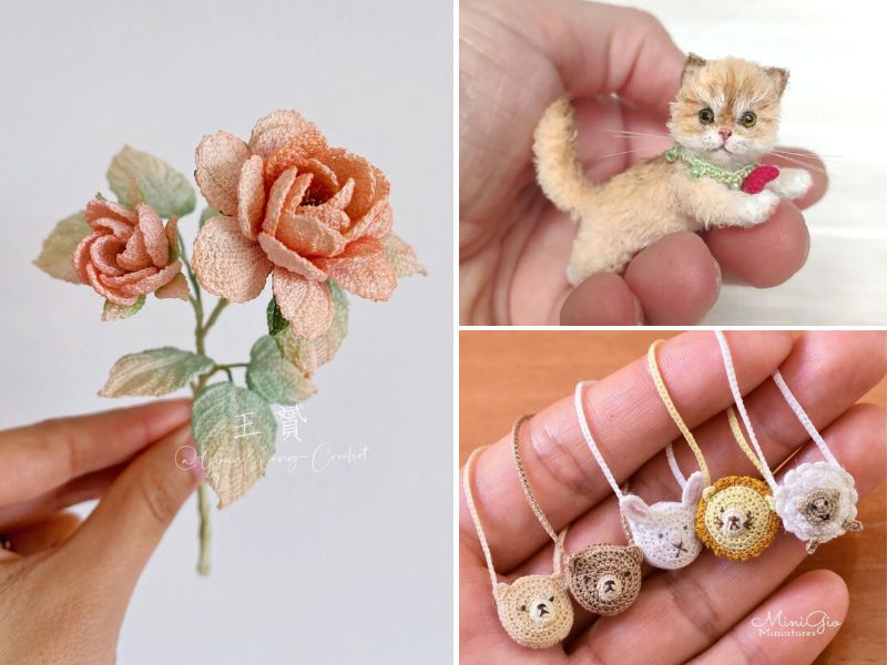 A series of pictures of miniature cats and roses.