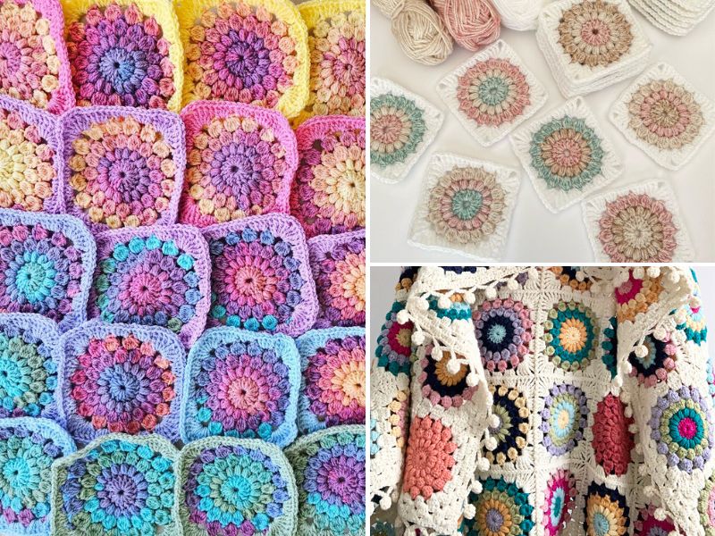 A collection of crocheted granny squares and crocheted afghans.