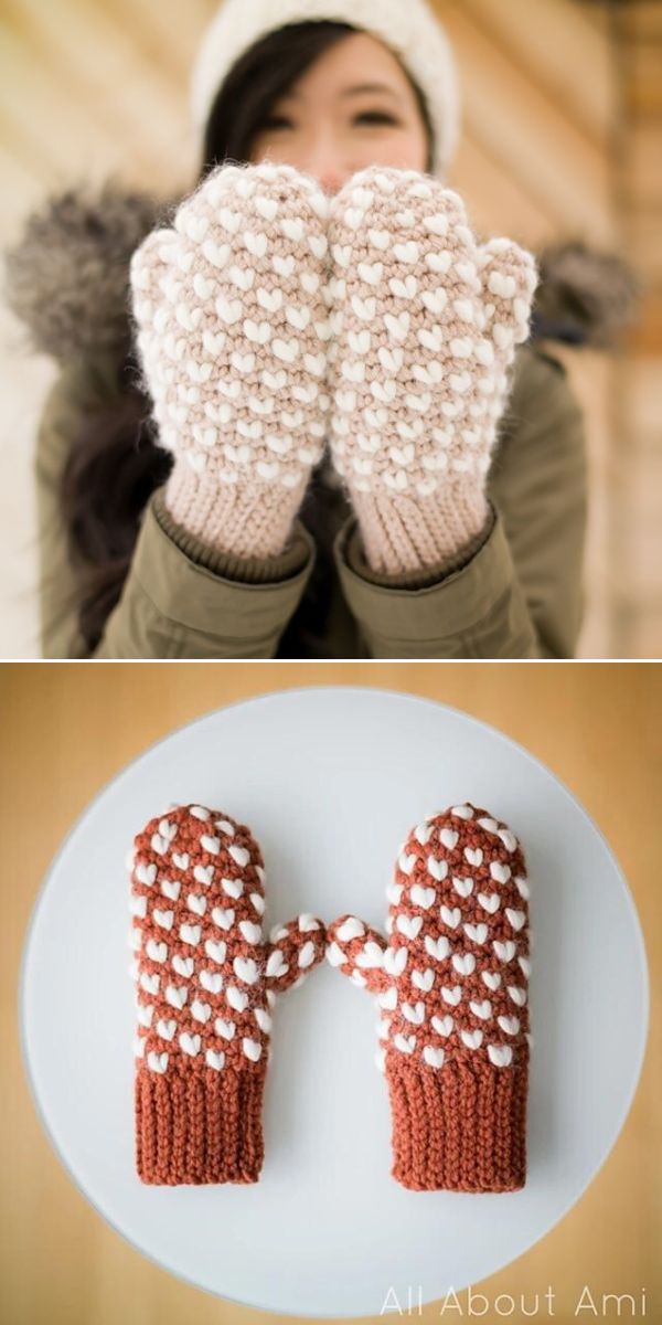 a woman wearing chunky crochet mittens