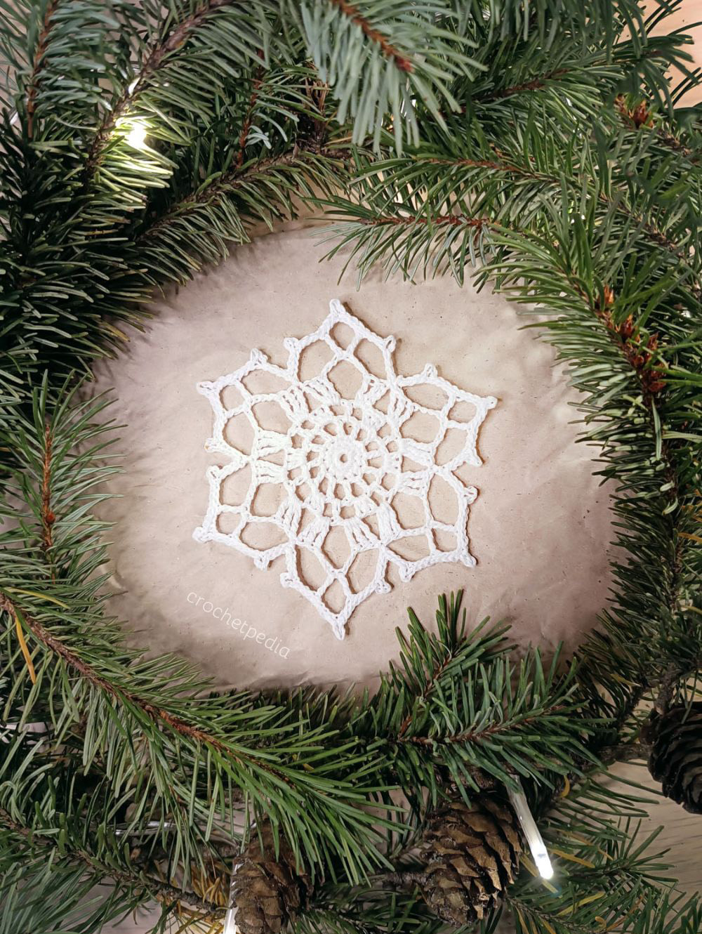 A snowflake is placed on a christmas tree.