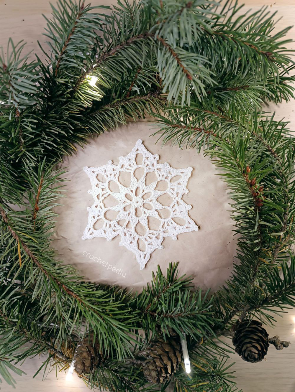 A white snowflake is surrounded by pine cones.