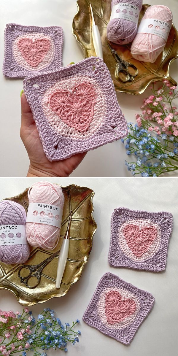 Two pictures of crocheted heart shaped squares.