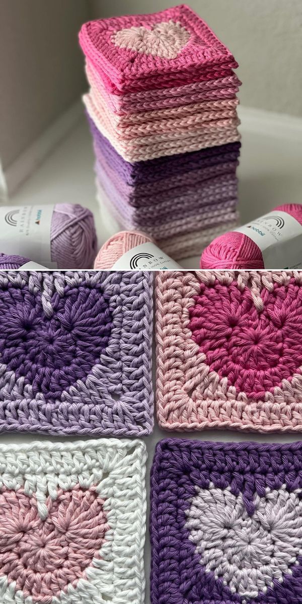 Heart shaped crochet squares in pink and purple.