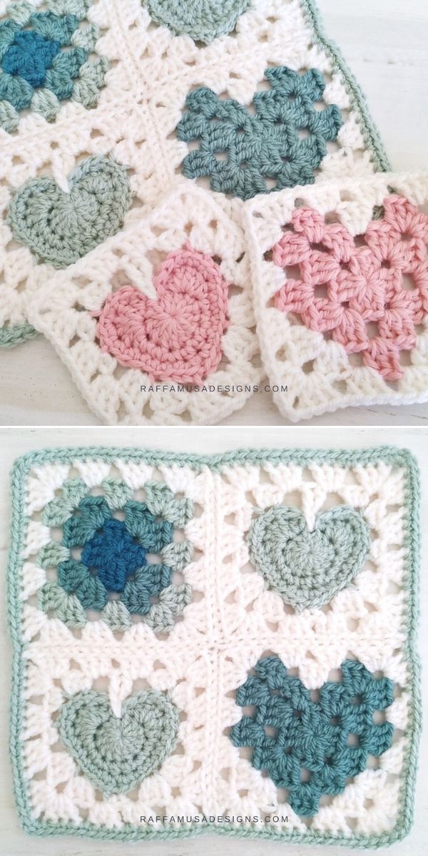 A crocheted square with hearts on it.