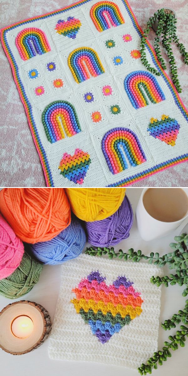Crochet rainbow heart afghan pattern.