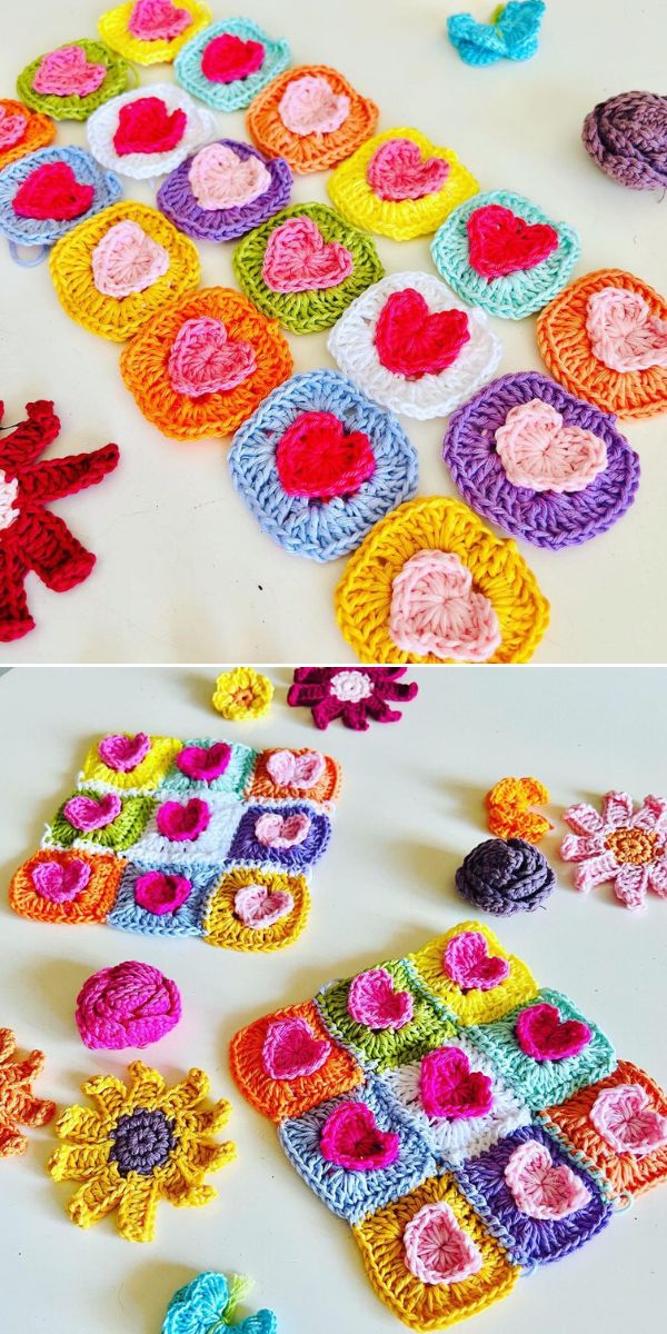 Crocheted hearts and flowers on a table.