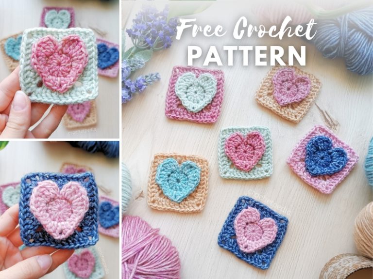 Crochet squares with heart patterns in various pastel colors, displayed on a wooden surface with yarn and text reading "Free Crochet Pattern.