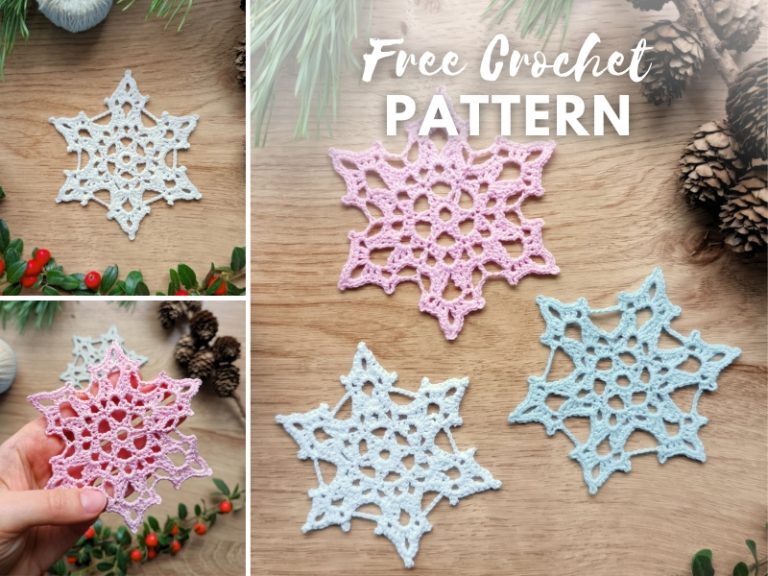 Three crocheted snowflake ornaments in white, pink, and blue displayed on a wooden surface with pine cones and greenery, featuring the text "Free Crochet Pattern.