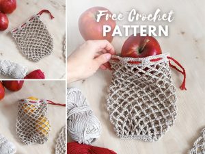 Crocheted mesh produce bag with a red drawstring, shown holding apples and lemons, displayed with beige and red yarn balls. Text reads, “Free Crochet Pattern.”.