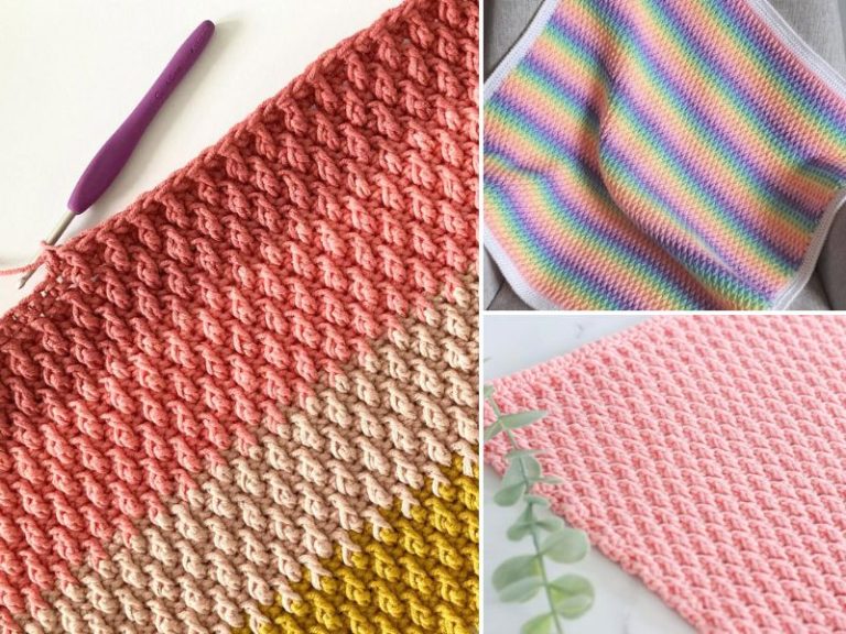 Three crochet pieces: one with a pink-to-yellow gradient and a crochet hook, one rainbow-striped blanket, and one pink alpine stitch square with a green plant nearby.